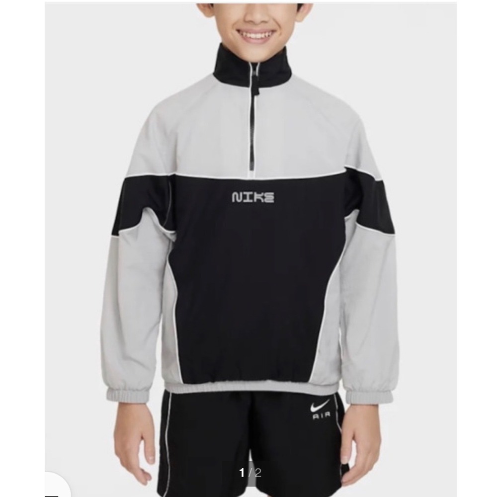 Nike Windbreaker Kids XL Grey Black DX5085-010 Half Zip Colorblock Jacket